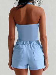 XLLAIS 性感露背蓝色吊带背心，时尚方领弹力休闲修身细肩带无袖上衣，适合女性，春夏假日穿着 - 淺藍色 - 查看 5