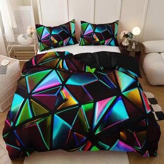3件套彩色几何抽象图案床上用品套装，包含1个羽绒被套和2个枕套（不含被子）。适用于卧室和客房，多种尺寸可选，100%涤纶面料，可机洗。