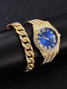Hip Hop Chain Set, Unisex Fashion Watch, Necklace And Bracelet Set, Holiday Gift For Father - 金色 - 查看 2