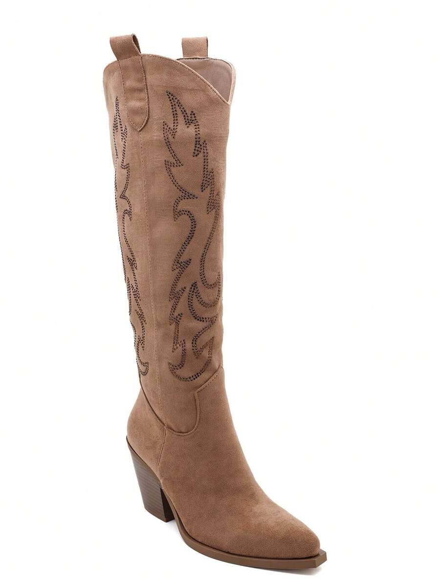 Des bottes western élégantes ornées de strass scintillants, avec un talon biseauté et un bout carré pour un look féminin et affirmé. - 駝色 - 查看 1