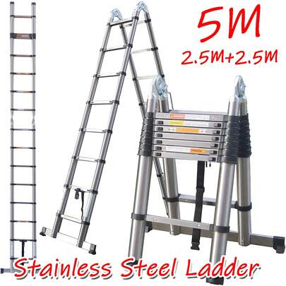 Huini Stainless Steel Telescoping Ladder - 5M/16.4FT Heavy Duty Collapsible A-Frame Ladder - 2.5M+2.5M/8.2FT+8.2FT 2-IN-1 Extension Ladder With Non-Slip Feet And Securing Strap - Multi-Purpose Ladders Extendable Roof Ladder