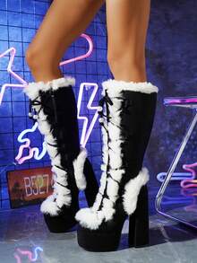 Fall/Winter Punk Fashion Mid-Calf Boots, Faux Fur Thick Platform Shoes - Black and White - View 5