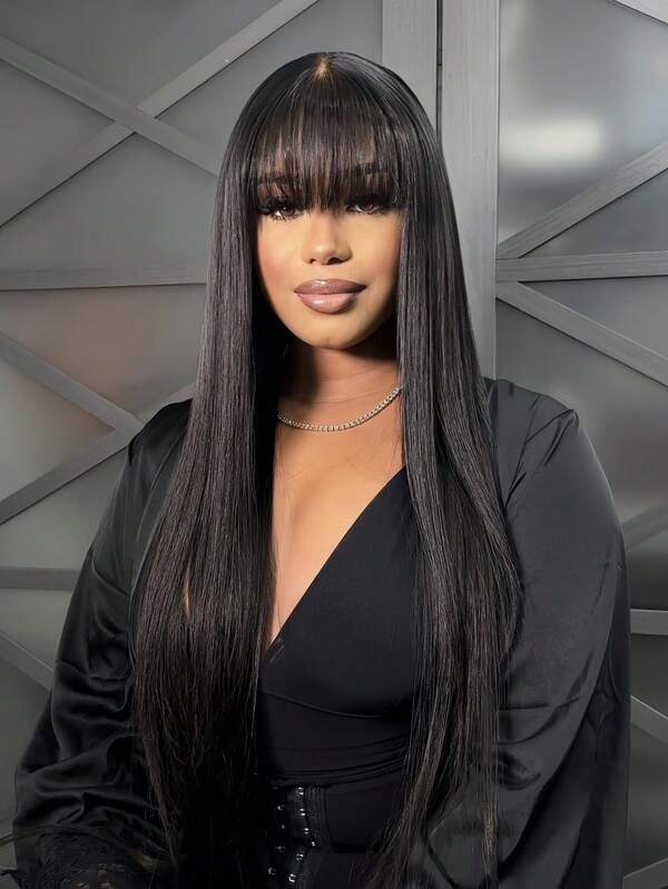 22 Inch Long Straight Hair Wigs With Bangs Straight Hair Wigs For Women For Daily Party Halloween Costume Use Front Lace Human Hair Wig
