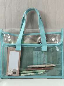 1 Pcs PVC Household Waterproof Storage Bag, Double-Layer File Organizer Bag,Large Capacity Handheld Book Bag, Suitable For Office, School, Travel Folders