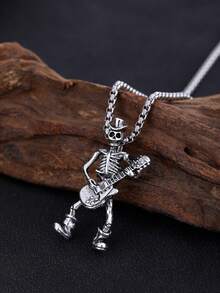 1 件时尚吉他骷髅吊坠项链，男士吊坠项链，适合作为万圣节礼物送给自己，适合参加派对和聚会 - 復古銀色 - 查看 1