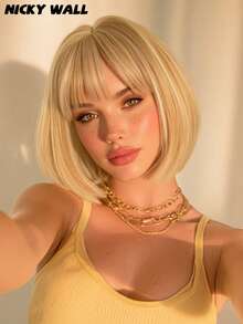 NICKY WALL Elegant 12 Inch Short Straight Wigs For Women Blonde Highlights Bob Wigs With Bangs, High Density Fluffy Synthetic Heat Resistant Fiber Hair Wig For Daily Party Use - Blonde Highlight - View 5
