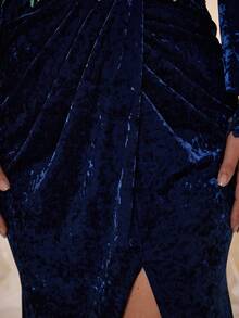 Vestido de bola elegante, modesto y de talla grande con cuello en V, con cordones, volantes, diseño de transferencia, abertura alta y dobladillo de sirena, para fiesta de graduación, boda, fiesta y vestido de invitada de boda