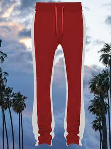 Mens Casual Tech Fleece Solid Stacked Sweat Pants - Đỏ Trắng - Xem 1