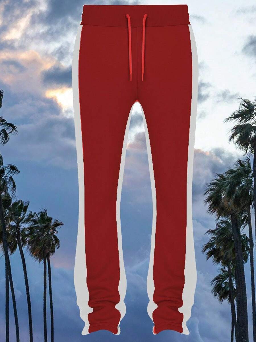 Mens Casual Tech Fleece Solid Stacked Sweat Pants - Đỏ Trắng - Xem 1