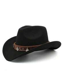 1pc Unisex New Faux Leather Cowboy Hat With Star Beaded Decor, High-Quality Suede Material Wide Brim Hat, Fashion Minimalist European & American Style Western Cowboy Hat, Suitable For Daily Wear, Western Themed Events, Birthday Parties, Music Festivals, Horseback Riding And More Occasions