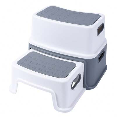Taburete de baño para niños con 2 escalones, taburete de baño para niños, taburete de baño para niños con patas y superficie antideslizantes, multifuncional, capacidad de carga hasta 250 libras (gris)