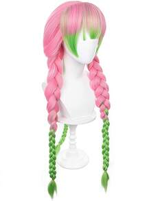 Kamakura Mitsuri Cosplay Wig, Gradient Pink-Green Thick Braided Wig, Halloween Party Supplies