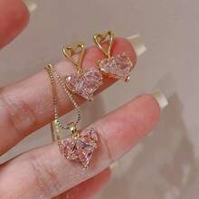 A 3-Piece Y2K Heart-Shaped Earrings And Necklace Set, Featuring Cute And Sexy Alloy Jewelry For Ladies. It's Perfect For Daily Wear, Dates, Vacations, Parties, And Valentine's Day Gifts - 粉色 - 查看 4