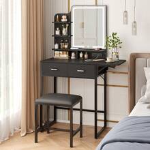 Tomnk Makeup Vanity Desk With Mirror And Lights, Small Vanity With Fabric Storage Drawer & Chair & Shelves, White Vanity With Fold-Up Panel And Power Outlet For Bedroom, Bedroom Furniture(The Light Strip Is Powered By USB) - 美規B型插(110-127V) - 查看 1