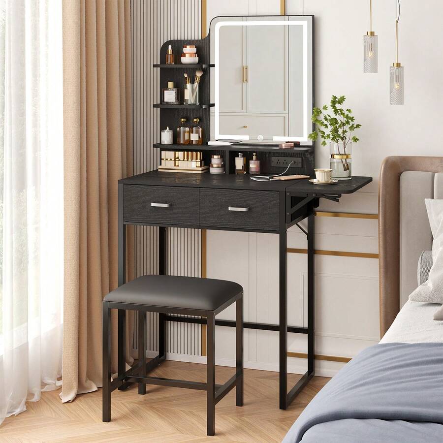 Tomnk Makeup Vanity Desk With Mirror And Lights, Small Vanity With Fabric Storage Drawer & Chair & Shelves, White Vanity With Fold-Up Panel And Power Outlet For Bedroom, Bedroom Furniture(The Light Strip Is Powered By USB) - 美規B型插(110-127V) - 查看 1