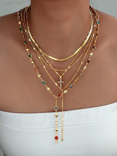 Set de 5 collares en capas con cruz y rhinestones, estilo de moda, adecuado para uso diario, citas, fiestas y regalos de mujer