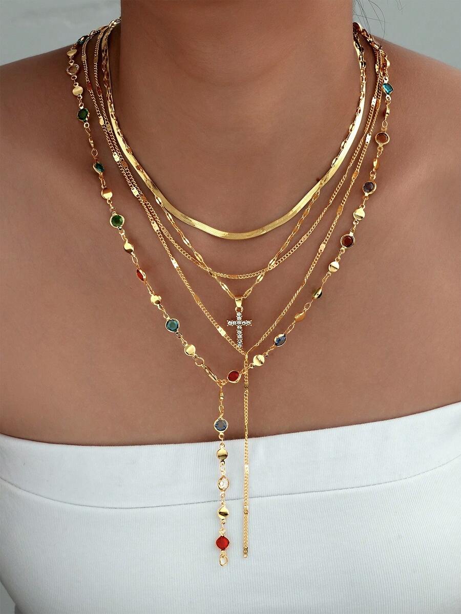 5 件时尚十字架水钻 Y 型项链分层项链套装，适合女性日常佩戴、约会、派对、礼物