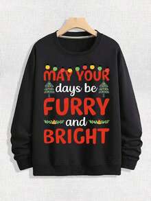 Men's Street Loose Round Neck Sweatshirt With Colorful Art Words Paired With Christmas Tree And Colorful Light Patterns, Printed With The Words "MAY YOUNG Days Be FURRY And BRIGHT", Christmas Elements, Soft And Casual Long Sleeved Pullover For Spring And Autumn, Machine Washable Outdoor Sports Top,Fall Hoodies,Men's Fall Clothes,Street Wear,Halloween,Mens Hoodies,Y2k Clothes,Jesus Hoodie,Thanksgiving Day,Nightmare Before Christmas,Christmas - 黑色 - 查看 1