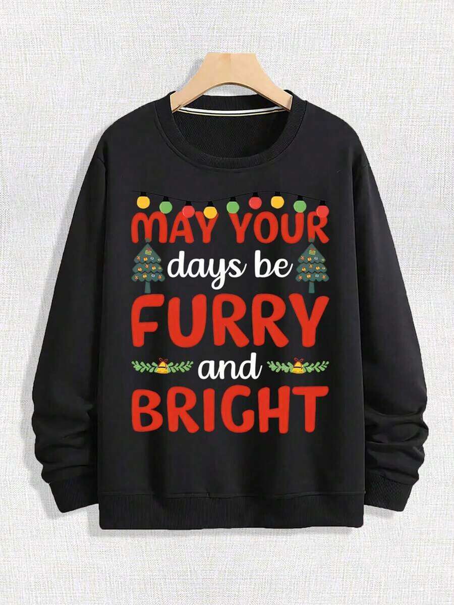 Men's Street Loose Round Neck Sweatshirt With Colorful Art Words Paired With Christmas Tree And Colorful Light Patterns, Printed With The Words "MAY YOUNG Days Be FURRY And BRIGHT", Christmas Elements, Soft And Casual Long Sleeved Pullover For Spring And Autumn, Machine Washable Outdoor Sports Top,Fall Hoodies,Men's Fall Clothes,Street Wear,Halloween,Mens Hoodies,Y2k Clothes,Jesus Hoodie,Thanksgiving Day,Nightmare Before Christmas,Christmas - 黑色 - 查看 1