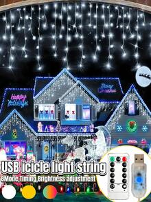 96/160 LED 太阳能冰柱灯串 - 8 种照明模式，USB 供电窗帘灯，带定时器和亮度调节功能，适用于圣诞树、家居走廊、派对、生日装饰、室内/室外（暖白/白/彩色） - 黑色 - 查看 2