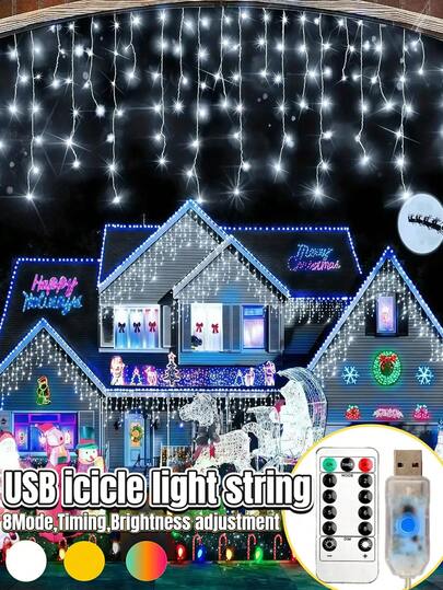 USB 太阳能冰柱灯串 -96/160 LED，8 种照明模式圣诞灯，USB 供电窗帘灯串，定时功能，亮度调节，适用于圣诞树、房屋走廊、派对、家庭生日装饰、室内/室外装饰灯串（暖白/白色/彩色）