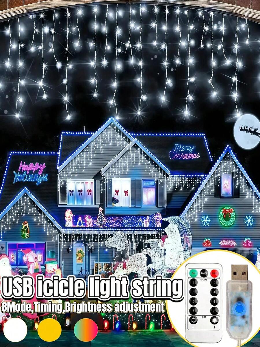 96/160 LED 太阳能冰柱灯串 - 8 种照明模式，USB 供电窗帘灯，带定时器和亮度调节功能，适用于圣诞树、家居走廊、派对、生日装饰、室内/室外（暖白/白/彩色）