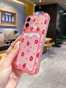 1个草莓元素防震TPU手机壳，带卡槽，草莓爱心图案，兼容、安卓和OPPO手机，国际版，非国内版 - 彩色 - 查看 4