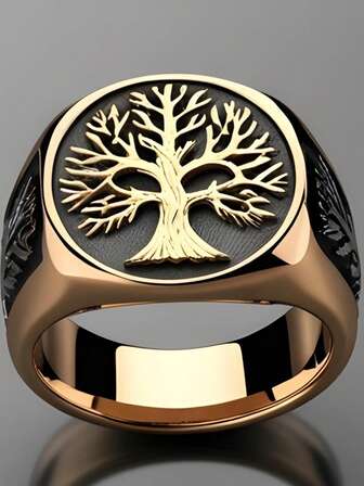 1 pieza Anillo cuadrado del árbol de la vida para hombres, material de cobre, moda simple, accesorio casual de joyería, adecuado para uso diario y como regalo, Día del Padre