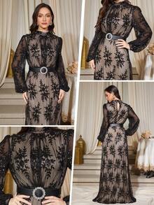 优雅迷人的长袖蕾丝舞会礼服，立领喇叭下摆，镂空设计，非常适合女士晚礼服