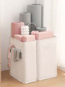 大容量布艺健身器材收纳盒：瑜伽垫收纳袋，带口袋，可折叠健身装备收纳袋，适用于阻力带、水瓶、网球拍和瑜伽砖 - 耐用可折叠运动收纳盒，是家庭健身房/卧室/衣柜的理想之选，中性时尚帆布材质，易于清洁。 - 白色 - 查看 5