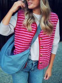 1 pieza Chaleco de punto a rayas, casual, para vacaciones, para citas, adecuado para otoño/invierno, Navidad, Año Nuevo, Día de San Valentín