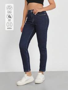 Damen Lässig Gerade Bein Jeans aus Denim mit Knopf- und Taschenelementen, lange, nicht dehnbare Stoffausführung für den Alltag - marineblau - Übersicht 2