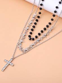 1pc Women's Fashion Rhinestone Cross Pendant Necklace With Black Beads, Jewelry Accessory Suitable For Daily Wear, Party And Gathering