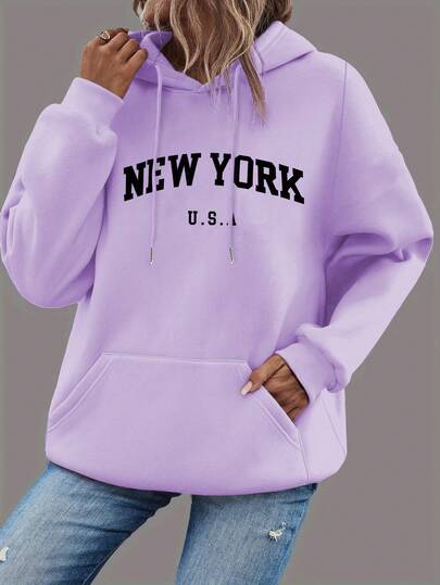 Plus Size Women's Daily The Font Patterns Of "NEW YORK" And "U.S.A Hooded Long Sleeves Casual Spring/Summer/Fall Women's Plus-Size Long-Sleeved Sweatshirt Halloween Going Out Tops Women, Vacation Outfits Women
