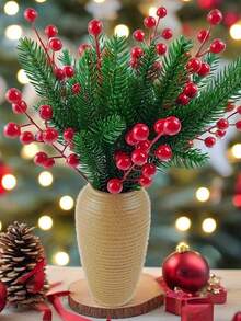 5/15/30 件圣诞节家居装饰冬青财富 12 头红色水果仿真人造红色浆果茎浆果采摘冬青浆果树枝圣诞树装饰插条桌面中心花瓶插条圣诞花环 DIY 配件