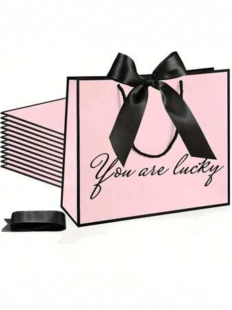 1pc Customized Printed Text Ribbon Bow Elegant Gift Bag, Holiday Party Favor Bag, Wedding Favor Bag, Available In Multiple Colors, Suitable For Birthday, Housewarming, Mother's Day, Graduation Ceremony Gifts, Multifunctional, Decorative, Reusable, Sophisticated, High-Quality, Vibrant Colors, Modern Stylish, Customizable, Personalized, Unique, Fresh Home Decor