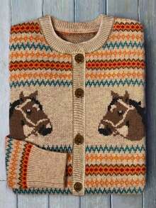 Suéter de Cardigan de Punto Holgado con Diseño de Rayas Multicolor y Estampado de Caballo para Mujer, Otoño/Invierno, Moda Elegante y Cómoda, Uso Versátil Casual y Doméstico, con Botones Decorativos y Manga Larga - Multicolor - Ver 1