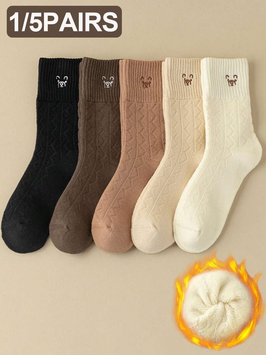 1/5 双女式卡通熊菱形图案保暖内衬舒适休闲中筒袜 - 彩色 - 查看 1