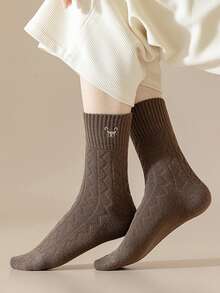 1/5 双女式卡通熊菱形图案保暖内衬舒适休闲中筒袜 - 彩色 - 查看 10