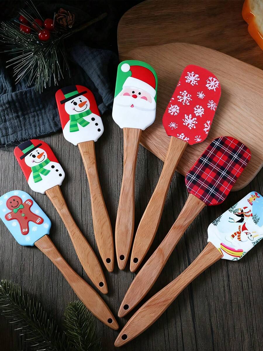 1pc Christmas Silicone Scraper, Christmas Scraper Set, Christmas Kitchen Tool, With Wooden Handle, Christmas Cake Decorating Scraper, For Cooking Baking Mixing Butter Cream