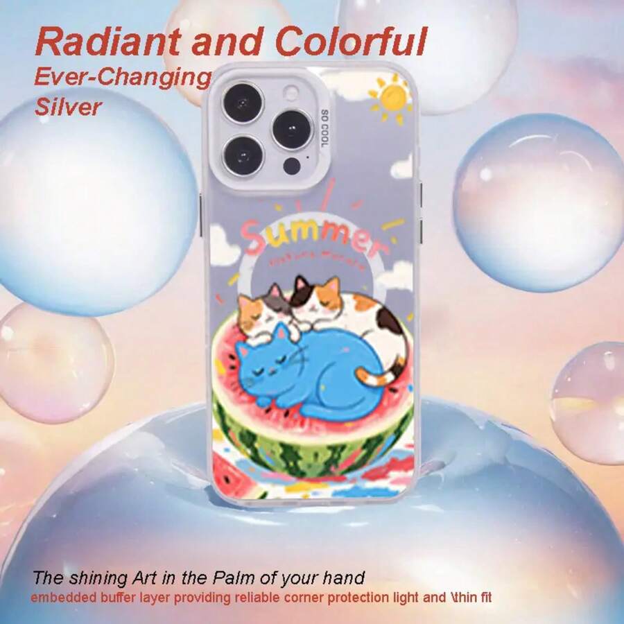 Funda para teléfono con placa trasera láser personalizada y colorida, marco contrastante, diseño estético y tacto cómodo, fuerza magnética de 2000, con un bonito estampado de sandía. - Blanco - Ver 1