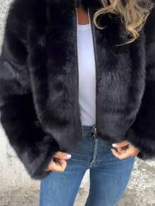 Large Size, Large Size Women's Winter Short-Sleeved Zipper Jacket With Artificial Fur Collar - A Thick And Soft Coat With Loose Long Sleeves In Red/Black Color, Machine Washable And Warm, Suitable For Both Casual And Formal Occasions (Suitable For All Seasons), Women's Winter Jacket, Christmas Gift - Green - View 4