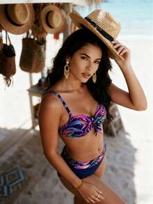 LARA VIVA Women's Plus Size Bikini Set, Floral Print, Halter Neckline, Adjustable Side Tie, Ideal For Vacation, Pool And Parties - Màu xanh hải quân - Xem 5