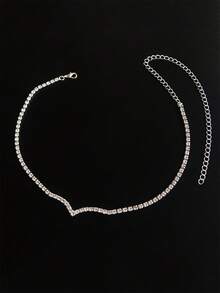 1pc Fashionable & Elegant Full Crystal Bridal Jewelry, Shiny Single Row Crystal Necklace, For Women - Silver - View 2