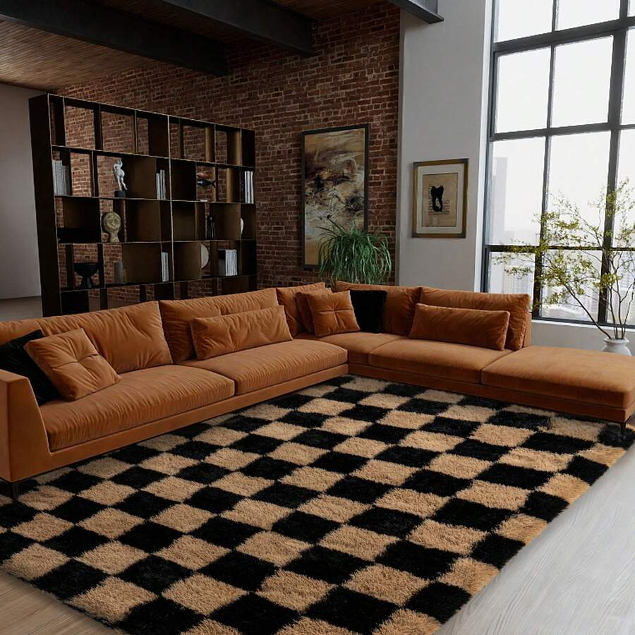 6x9 Area Rugs For Living Room Bedroom, Large Camel And Black Checkered Fuzzy Fluffy Shag Shaggy Carpet, Big Plush Soft Floor Rug For Kids Boys Girls Teen Room Dorm Office Nursery Home Decor Aesthetic - Lạc đà - Xem 1