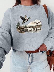 Plus Size Women's Daily Wild Ducks Flying Over The Shore And On The Water, Amidst The Scenery Of Pine Trees, Lakes, And Distant Mountains Pattern Sweatshirt Round Neck Long Sleeves Casual Spring/Summer/Fall Women's Plus-Size Long-Sleeved Sweatshirt Thanksgiving Day Going Out Tops Women,Vacation Outfits Women - Light Grey - View 1