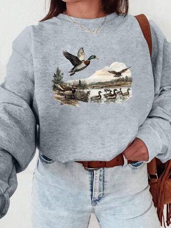 Plus Size Women's Duck (Flying, In Water, On Shore), Tree And Water Area Pattern Sweatshirt Fall Fashion Loose Casual Fall & Winter