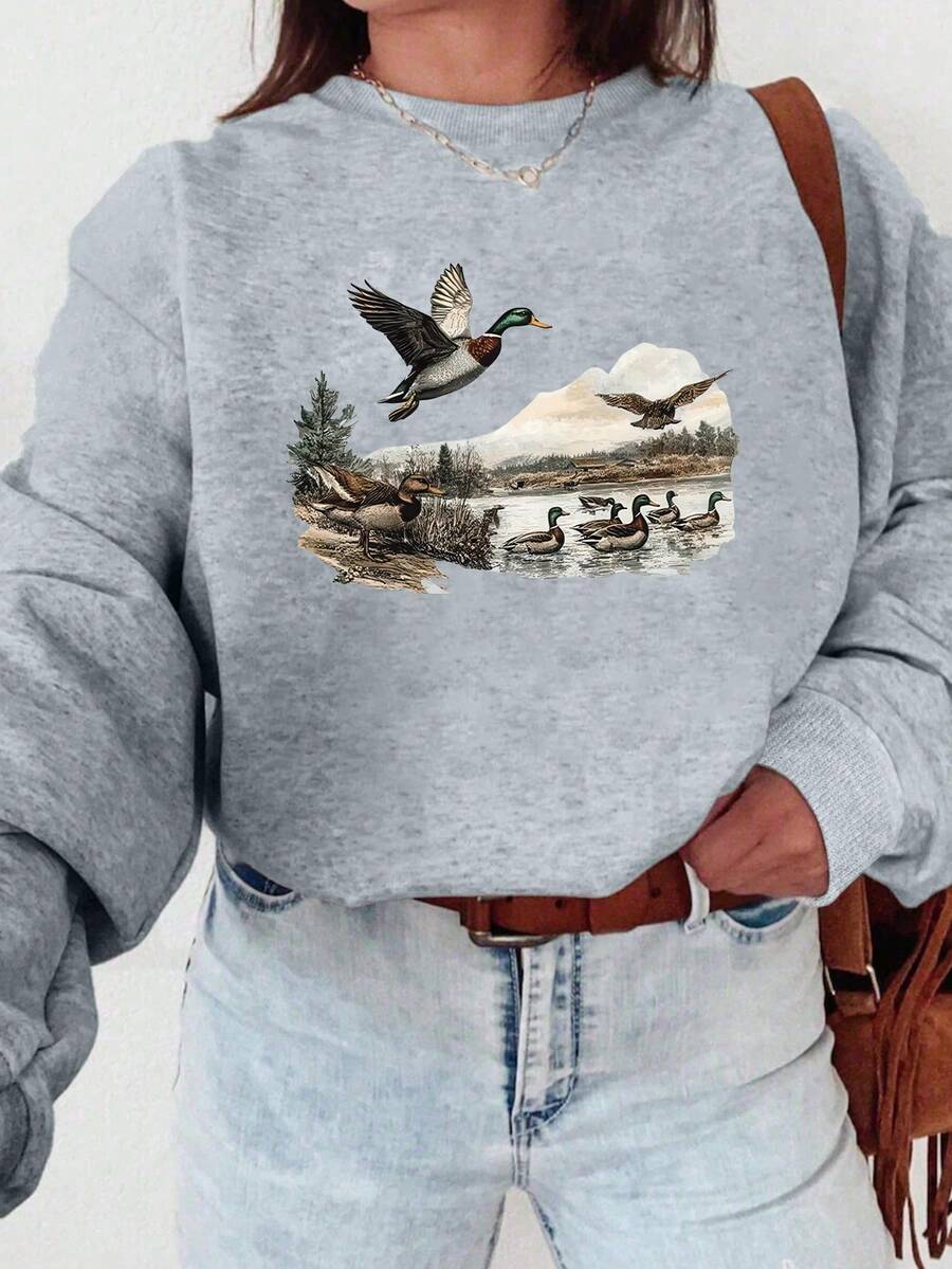 Plus Size Women's Daily Wild Ducks Flying Over The Shore And On The Water, Amidst The Scenery Of Pine Trees, Lakes, And Distant Mountains Pattern Sweatshirt Round Neck Long Sleeves Casual Spring/Summer/Fall Women's Plus-Size Long-Sleeved Sweatshirt Thanksgiving Day Going Out Tops Women,Vacation Outfits Women - Light Grey - View 1