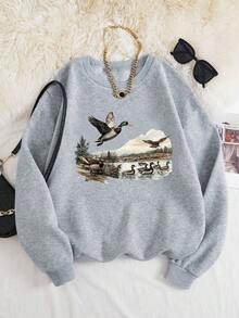 Plus Size Women's Daily Wild Ducks Flying Over The Shore And On The Water, Amidst The Scenery Of Pine Trees, Lakes, And Distant Mountains Pattern Sweatshirt Round Neck Long Sleeves Casual Spring/Summer/Fall Women's Plus-Size Long-Sleeved Sweatshirt Thanksgiving Day Going Out Tops Women,Vacation Outfits Women - Light Grey - View 7