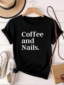Women T-Shirt Print Funny Nail Technician Shirt - Coffee And Nails Unisex Shirt Nail Tech TShirt Nail Artist Gift Salon Shirts Manicure Shirt Pedicure Tee Fashion Versatile Casual Streetwear Top For Everyday Wear Female Slightly Graphic Breathable Designer Clothes Summer - màu đen - Xem 1